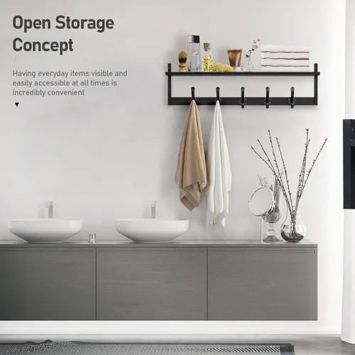 Vista 5 de Tatub Perchero de pared de 29 pulgadas con estante, ganchos de pared de madera con almacenamiento, estante de entrada con 5 perchas para baño, sala