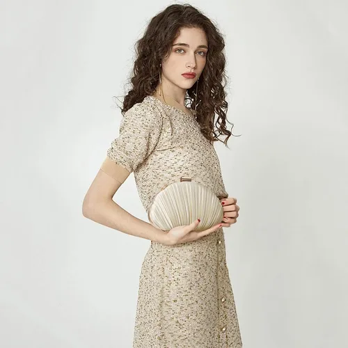 Vista 2 de Bolso de mano de noche plisado de satén para mujer, elegante bolso de mano con cadena para boda
