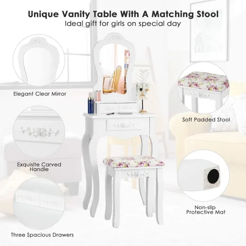 Vista 7 de LDAILY Juego de mesa de tocador con taburete acolchado, mesa de maquillaje con espejo y 3 cajones de almacenamiento, escritorio de escritura