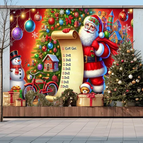 Vista 6 de HOMETITUTE Pancarta de Navidad de Papá Noel 8 x 6 pies Lista de Regalos Telón de Fondo Fiesta Navideña Fondo Árbol Muñeco de Nieve Bicicleta