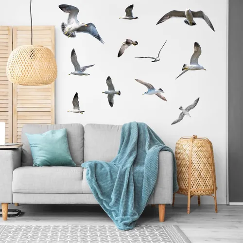 Vista 6 de Calcomanías de pared de gaviota removibles 3D, decoración artística, temática de playa, rebaño, pájaros, calcomanías de pared autoadhesivas