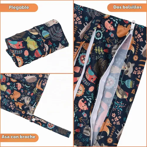 Vista 3 de 2 bolsas de tela para pañales húmedos y secos, impermeables, reutilizables, con dos bolsillos con cremallera, para viajes, playa, piscina Negro