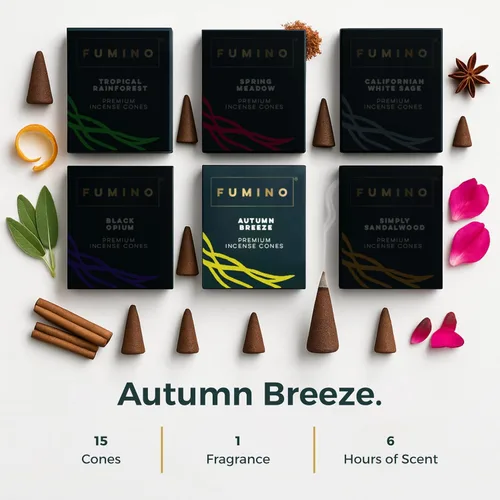 Vista 2 de Fumino® Conos de incienso fresco Autumn Breeze 20 por caja, fragancia Masala Agarbatti Joss para relajación y meditación, decoración del hogar