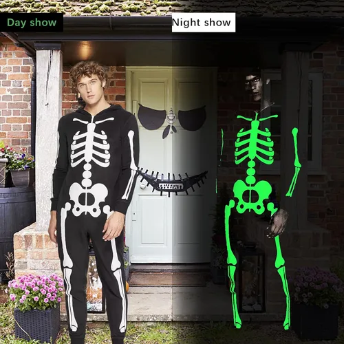 Vista 2 de Disfraces familiares a juego que brillan en la oscuridad para Halloween mono de una pieza con capucha y diseño de esqueleto para adultos y niños
