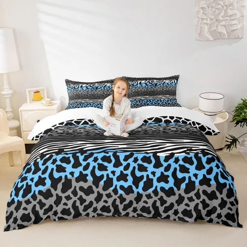 Vista 20 de Juego de funda de edredón con estampado de leopardo, tamaño individual, juego de ropa de cama rústica con rayas de piel de cebra, decoración