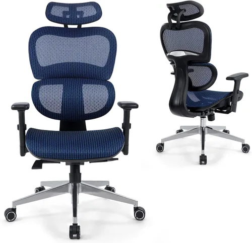 Vista 12 de CAPHAUS Silla de oficina ergonómica abatible, silla de escritorio acolchada de malla transpirable, soporte lumbar, silla giratoria con ruedas