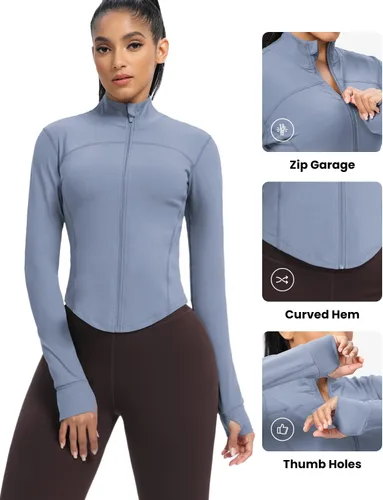 Vista 29 de AVGO Chaquetas de entrenamiento recortadas para mujer, con cremallera, ajustadas, atléticas, con agujeros para el pulgar