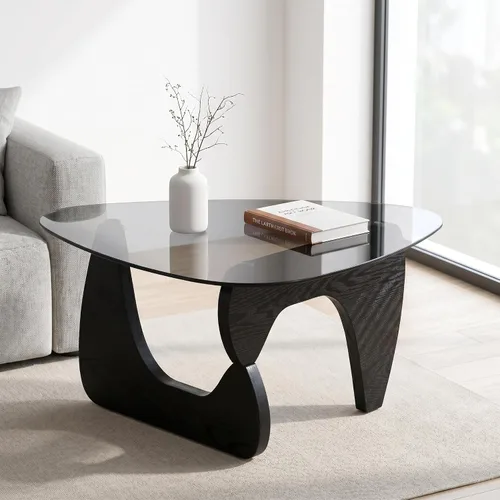 Vista 7 de LukeAlon Mesa auxiliar triangular moderna color negro y gris, parte superior de vidrio templado y base de madera, mesa auxiliar geométrica abstracta