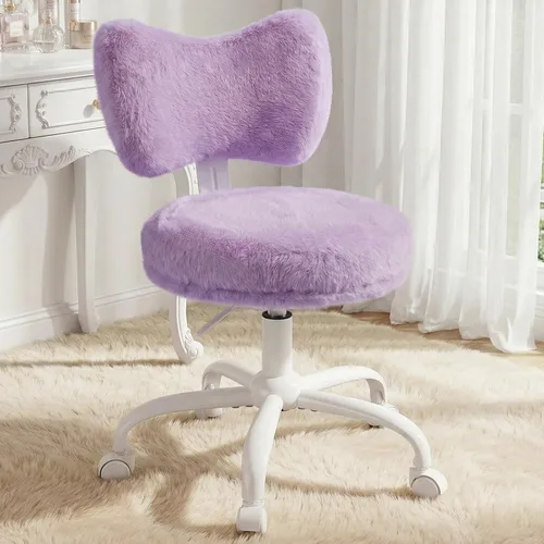 Vista 10 de Homkdom Silla de tocador con ruedas, bonita silla de escritorio con respaldo de lazo, silla de oficina pequeña de piel de conejo sintética esponjosa