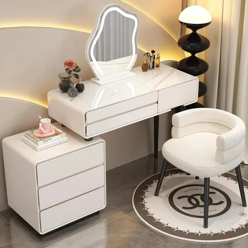 Vista 8 de Escritorio de tocador con luces, tocador de maquillaje con espejo, tocador con cajón grande, 3 modos de iluminación de brillo ajustable, juego