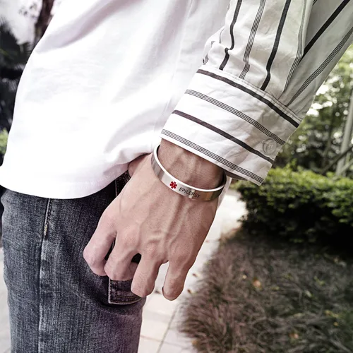 Vista 7 de LoEnMe Jewelry Pulseras de alerta médica personalizadas para hombres y mujeres, personalizable, grabado gratuito, acero inoxidable, pulsera
