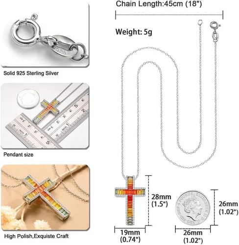 Vista 6 de RANDES Collar de plata de ley 925 con cruz grande para mujer, colgante de piedra de cristal colorido