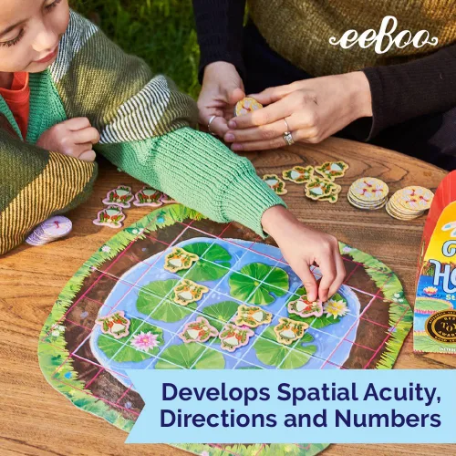 Vista 7 de eeBoo Juego de mesa con forma de rana Hopkins, galardonado juego de estrategia espacial y salto de ranas, diversión sin pantalla para 2 a 4