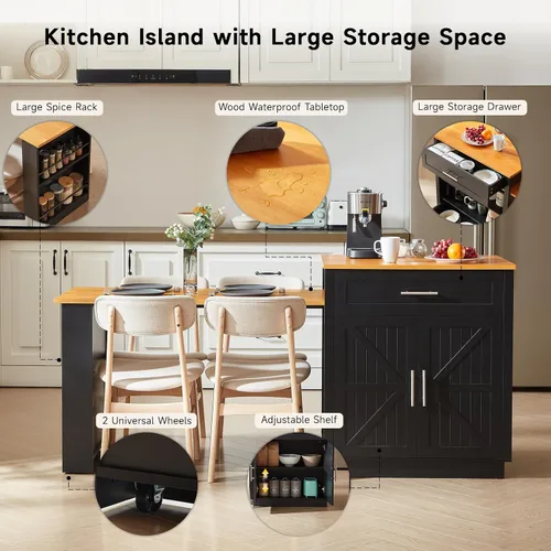Vista 3 de ONBRILL Islas de cocina de 76 pulgadas con mesa de comedor extensible, mesa de isla para 2-4 personas con almacenamiento de doble lado, carrito