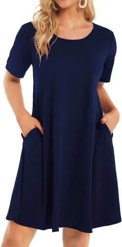 Vista 14 de Vestidos de verano para mujer, informales, holgados, estilo camiseta, florales, de manga corta, con vuelo y bolsillos, para la playa