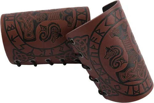 Vista 4 de HiiFeuer Brazalete de brazo vikingo, con símbolo nórdico en relieve, armadura de brazo de piel sintética, pulsera de brazo medieval de piel