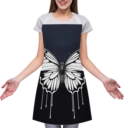 Vista 3 de MUSM A Black And White Butterfly Apron，Classic Vintage Funny with Pockets Aprons,Adjustable Bib Waterdrop Resistant for Kitchen Cooking Restaurant