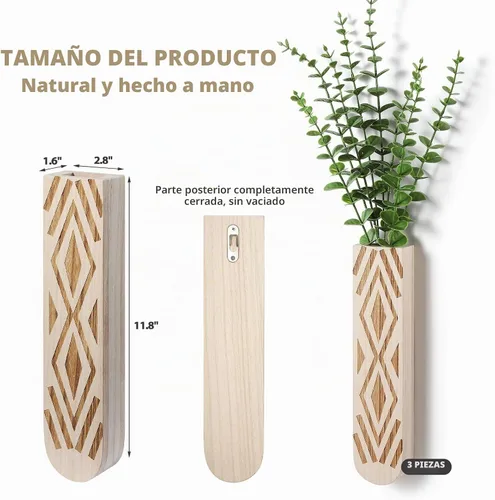 Vista 4 de Paquete de 3 macetas de pared de madera, arte de pared bohemio para entrada y decoración de baño, decoración moderna de granja, jarrón de decoración