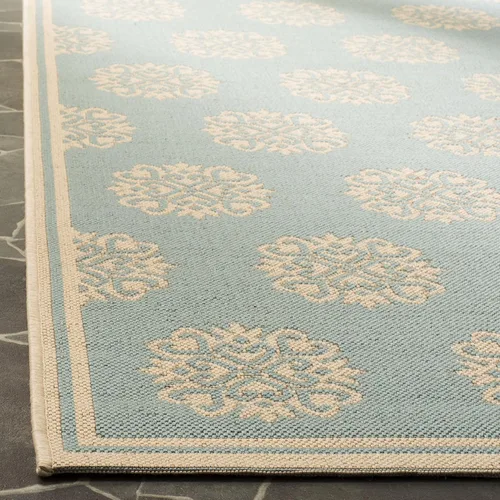 Vista 4 de SAFAVIEH Alfombra lavable al aire libre Linden Collection – 6 pies 7 pulgadas, cuadrada, aguamarina y crema, no desprende pelusa y fácil de limpiar