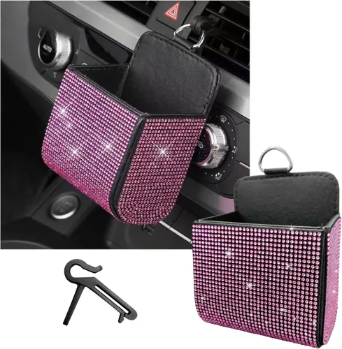 Vista 8 de Dickno Organizador de Coche, Bolsillo de Cuero con Diamantes de Imitación para Rejilla de Ventilación, Caja Automotriz Brillante con Gancho, Soporte