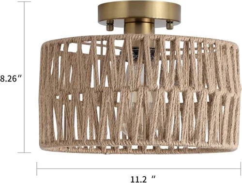 Vista 4 de Accesorio de Lámpara de Techo Empotrada Tejida en Oro Antiguo Costero, Luz de Techo Semi Empotrada Rústica Boho de Cuerda de Cáñamo Latón