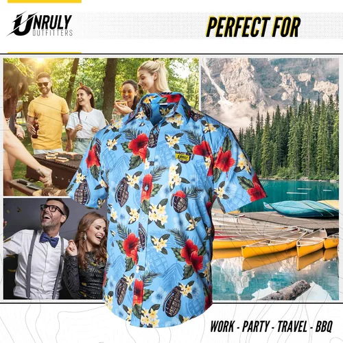 Vista 6 de Unruly Outfitters Camisa hawaiana para hombre, diseño de granadas azules con botones, divertidas camisas con armas de flores con pistolas