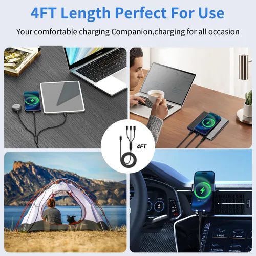 Vista 4 de Cable USB C múltiple [2 unidades, 4 pies], cable de carga 3 en 1 para múltiples dispositivos, cables de carga trenzados, cable de carga de teléfono