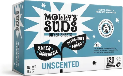 Vista 10 de Hojas suavizantes de secadora para piel sensible de Molly's Suds Reductor de estática a base de plantas, envase sin plástico Lavanda (120 hojas)