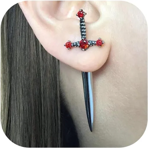 Vista 12 de Pendientes de espada gótica, estilo punk, aretes de daga de cristal con diamantes de imitación, joyería gótica de Halloween, joyería caprichosa A1