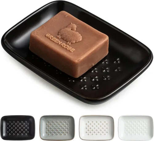 Vista 16 de Gomakren Jabonera para ducha, soporte de cerámica para jabón con diseño de panal, bandeja ahorradora de jabón para fregadero de cocina y baño, Beige