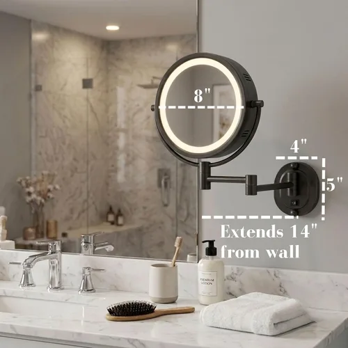 Vista 5 de JERDON Espejo de maquillaje de montaje en pared con cableado - 5X/1X - Negro - HL65BKD 8" de diámetro, brazo de pared de 14", iluminación LED