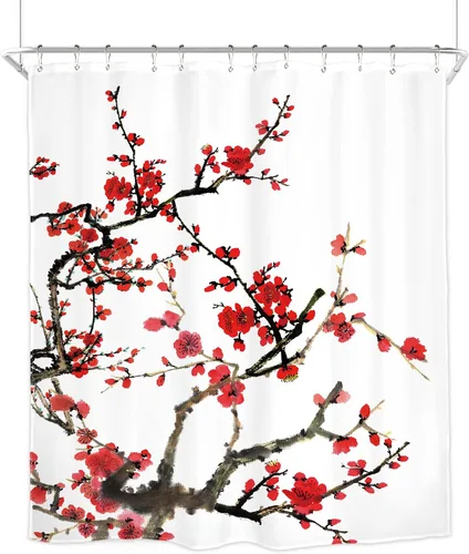 Vista 6 de Cortina de ducha floral roja para baño, 60 pulgadas de ancho x 72 pulgadas de largo, flor de cerezo, ciruela, estética asiática, japonesa, acuarela
