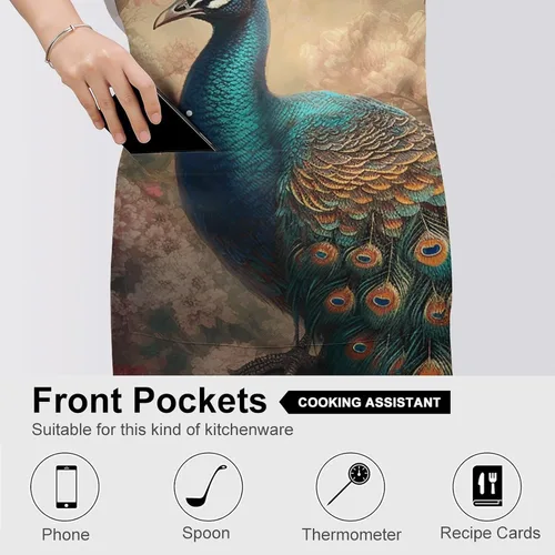 Vista 5 de MUSM Apron for Adults - 27.6 X 31.5 Inch, Heavy-Duty Polyester Aprons with Two Large Pockets, Waterproof Oriental Peacock Pattern Kitchen Apron for