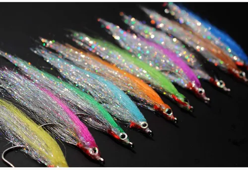 Vista 2 de Tigofly 10 piezas 10 colores 1/0 1.6 in gancho de alto carbono Holo plata salmón trucha lubina Steelhead Minnow pesca moscas señuelo conjunto
