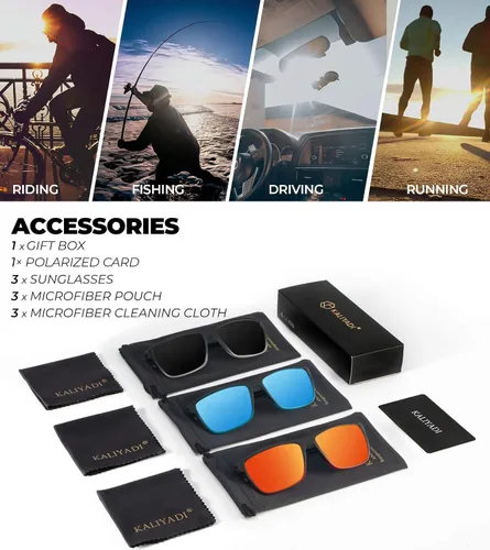 Vista 8 de KALIYADI Gafas de sol polarizadas para hombre, gafas de sol ligeras con protección UV para conducir, pescar y jugar golf (3 unidades) Negro