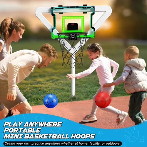 Vista 5 de OKKIDY Mini aro de baloncesto para interiores, aro de baloncesto iluminado con marcador LED electrónico, pequeños juguetes de baloncesto al aire