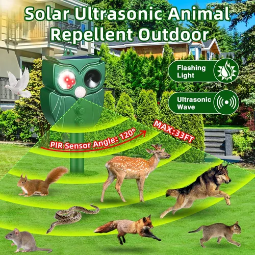 Vista 2 de Repelente solar ultrasónico de animales actualizado 2025 repelente de gatos para exteriores, detección de movimiento, luz LED de destello