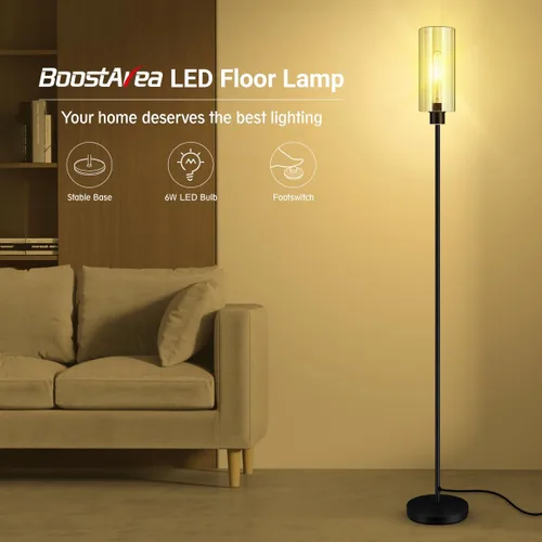 Vista 2 de BoostArea Lámpara de pie moderna con pantalla de cristal semillado, diseño simple, alta, para dormitorio, oficina, habitación de los niños, lectura