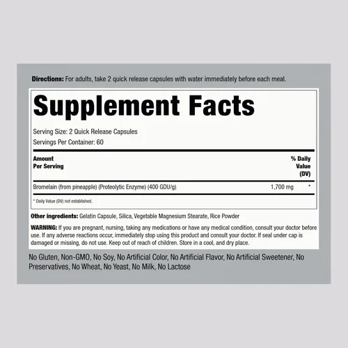 Vista 2 de Piping Rock Suplemento de bromelina 1700 mg 120 Cápsulas Enzima de piña Sin OMG, sin gluten