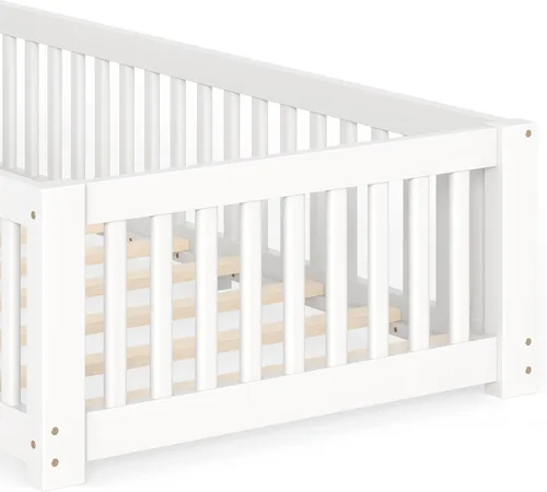 Vista 8 de Harper & Bright Designs - Cama de suelo para niños de tamaño individual con valla y puerta, marco de cama Montessori de madera maciza, cama