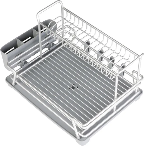 Vista 7 de Escurridor de platos con tabla de drenaje giratoria de 360° y boquilla de drenaje, escurridor de platos de aluminio inoxidable de 2 niveles
