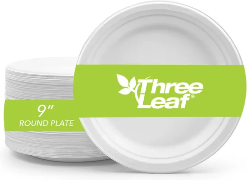 Vista 10 de three leaf Plato redondo de bagazo de 10 pulgadas, 25 unidades, platos de bagazo desechables, resistentes, súper fuertes, naturales y ecológicos