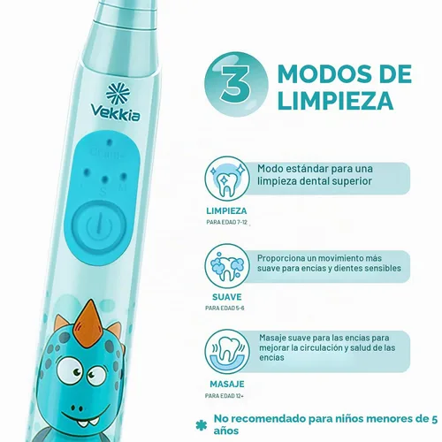 Vista 4 de Vekkia - Cepillos de dientes eléctricos para niños 3 Modes with Memory/Fun & Easy Cleaning/24000 Strokes, IPX7 Waterproof, 2-Min Timer for Age