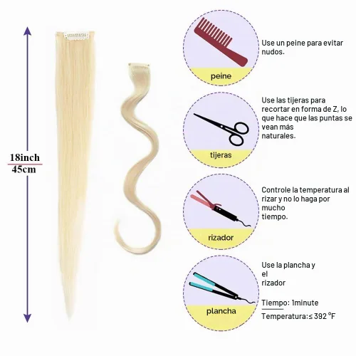 Vista 2 de Extensiones de cabello humano con clip, de 18 pulgadas, rubio decolorado, 100 % real, extensiones de cabello con clip para mujer, 6 piezas de Bleach