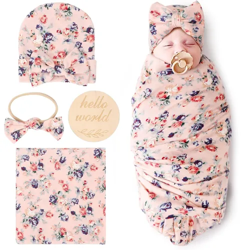 Vista 13 de DRESHOW BQUBO - Conjunto de gorro de algodón para bebé, manta para recién nacido, con orejas de oso, tarjeta de anuncio de nacimiento de madera