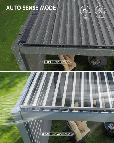 Vista 4 de Yoolax - Pérgola con listones motorizada solar de 10x13 pies con control remoto, pérgola eléctrica de aluminio retráctil con luz LED, sensor