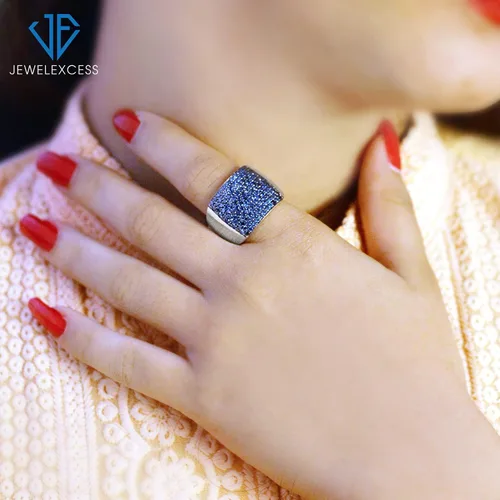 Vista 3 de JEWELEXCESS Anillo de plata de ley azul de 2 quilates con diamantes redondos