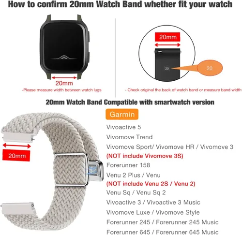 Vista 2 de Abanen Correa elástica de nailon trenzado de 0.787 pulgadas para Garmin Vivoactive 5/Venu Sq/Venu 2 Plus, correa elástica suave con cierre magnético