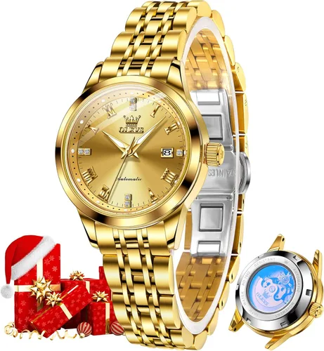 Vista 18 de OLEVS - Reloj automático para mujer de oro, lujo con diamante, de cuerda automática, relojes de pulsera para damas impermeables, luminosos, con fecha