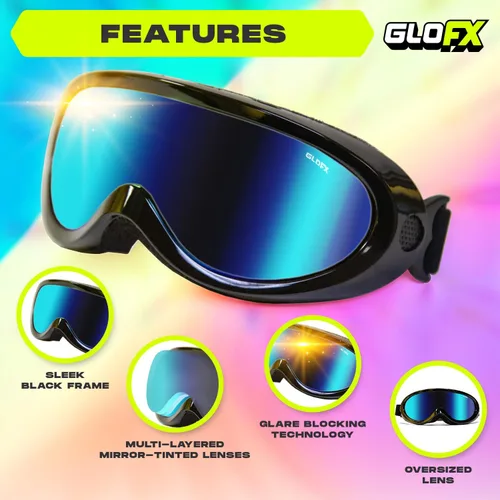 Vista 2 de GloFX Gafas de esquí - Gafas reflectantes Cyberpunk, diseño de cara completa, acolchado de espuma cómodo, correa ajustable, protección UV